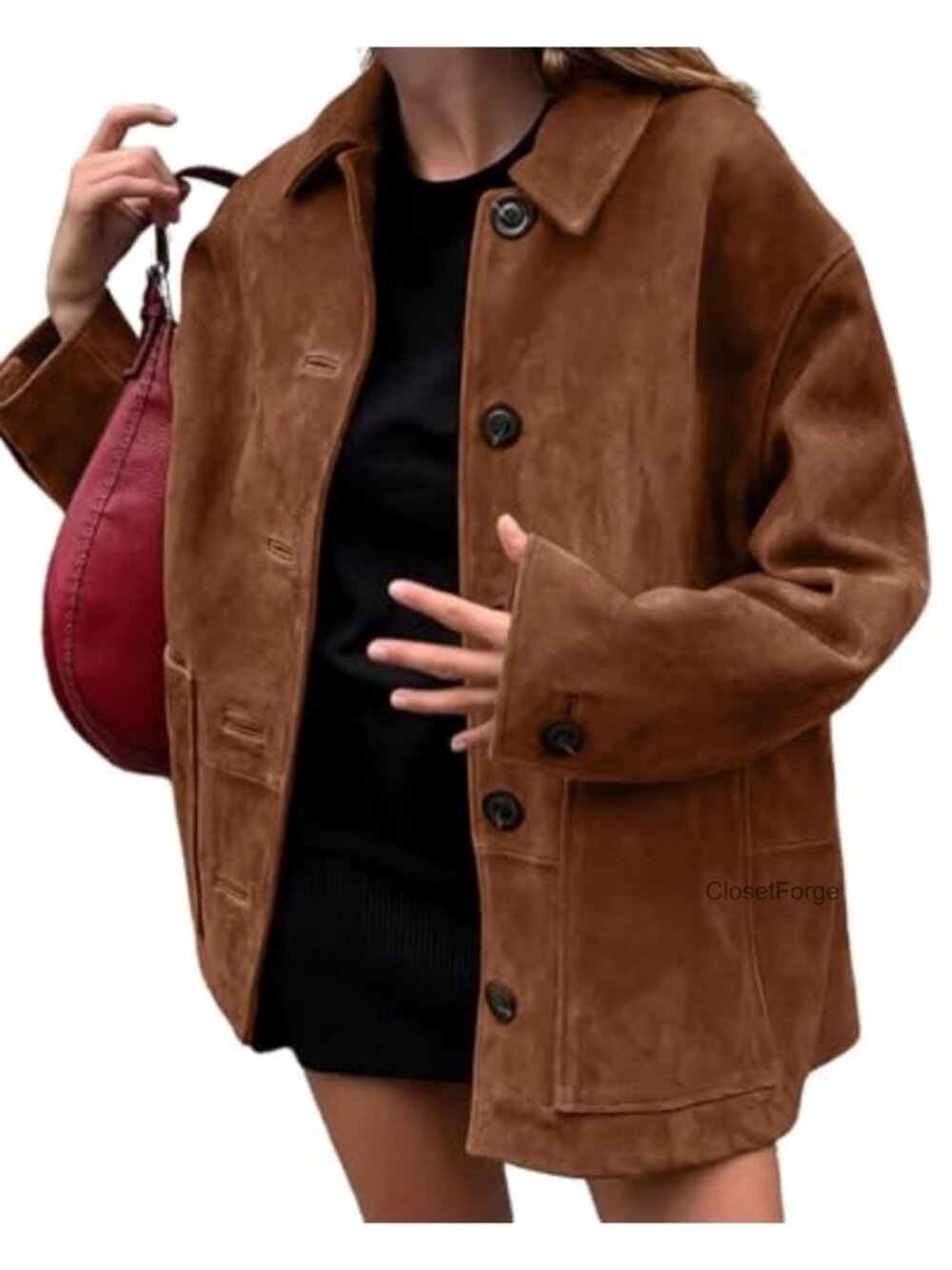 Faux Suede Leather Jacket Women Boyfriend Midi Long Button Down Shacket Coat